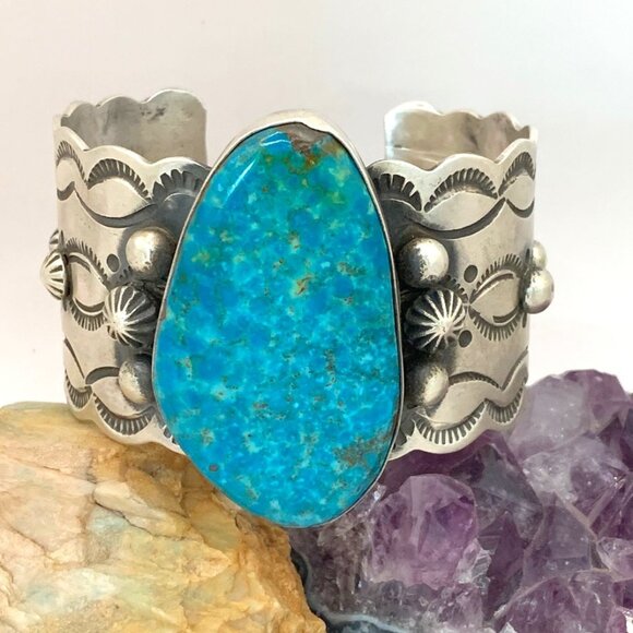 Native American Other - Navajo Kingsman Turquoise Stamped Sterling Silver Large Cuff Bracelet Butte J815